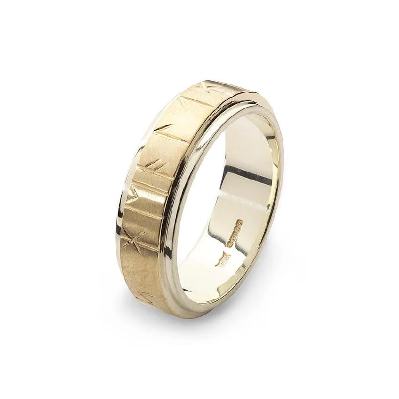 women's rings with simple band -Orkney Raised Band Viking Runic Ring in White & Yellow Gold