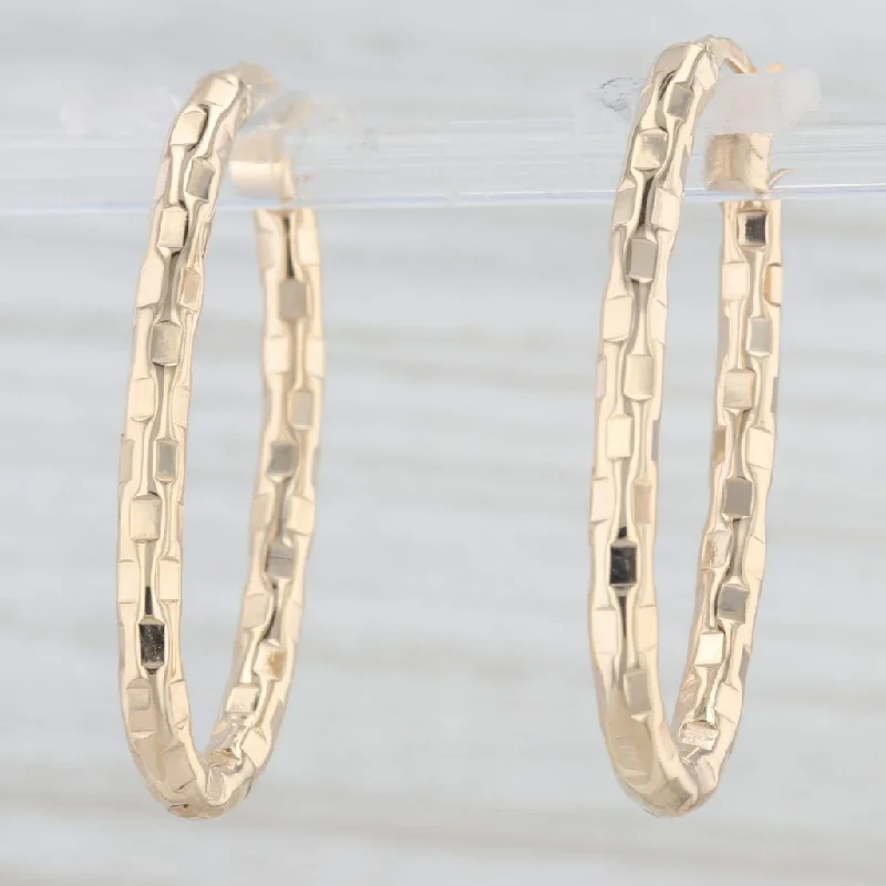 women's earrings with twisted metal -New Checked Oval Hoop Earrings 14k Yellow Gold Snap Top Hoops