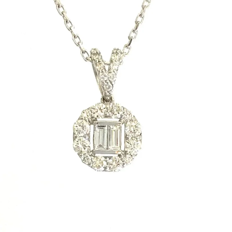 women's necklaces with delicate chain -White Gold Diamond Baguettes with a round Diamond Halo and Diamond Bale Necklace