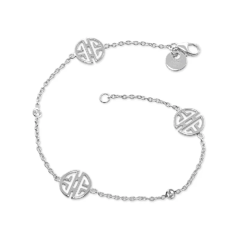 women's bracelets with link chain -Silver Shou & White Sapphire Station Bracelet