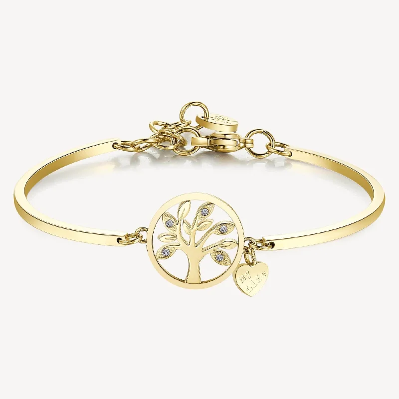 women's bracelets with stackable bands -Stainless Steel Gold Tone Chakra Bracelet - Tree Of Life