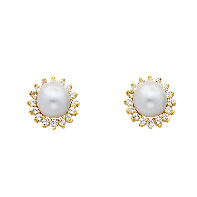 women's earrings with square-cut stones -14K  8mm Pearl with CZ Earrings