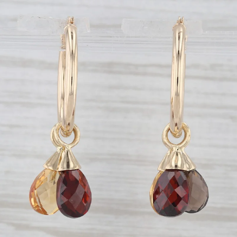 women's earrings with emerald -7.70ctw Citrine Quartz Garnet Briolette Dangle Hoop Earrings 14k Yellow Gold