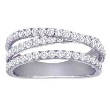 women's engagement rings with curved design -Diamond Crossover Band Ring Three Offset Rows in 14K White Gold