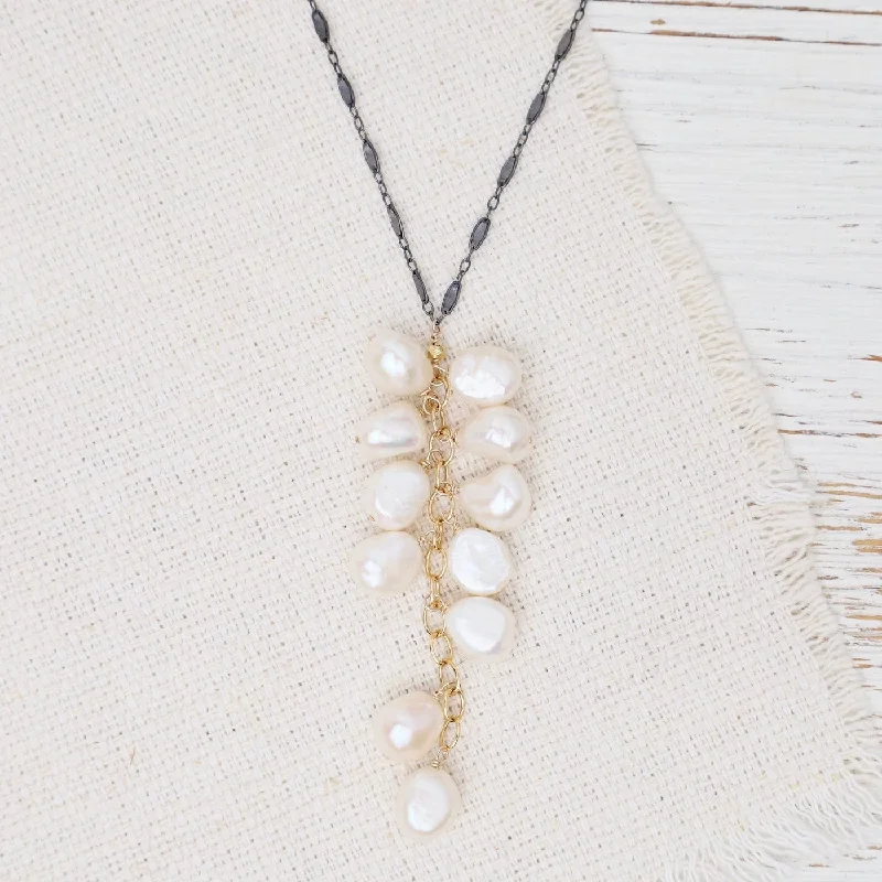 women's necklaces with geometric pendant -Waterfall Pearl Necklace Oxidized Sterling Silver Necklace