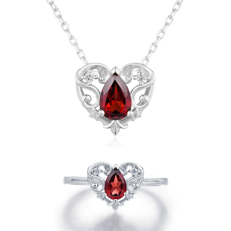 women's necklaces with layered stones -Rosy Heart Mozambique Garnet Ring and Necklace Set