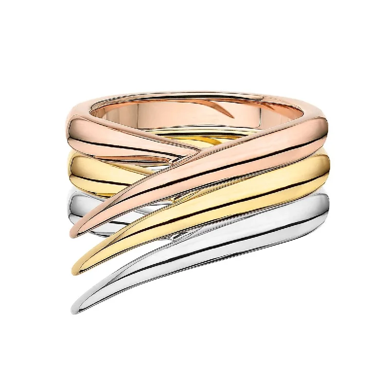 women's rings with diamond side stones -Interlocking Stacked Ring - 18ct Rose, Yellow and White Gold