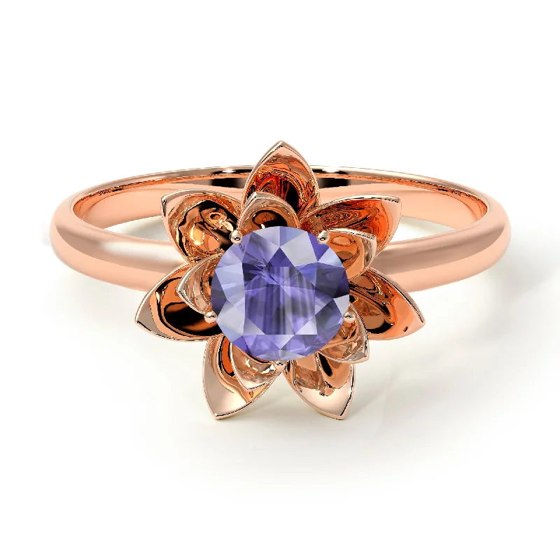 women's engagement rings with curved design -Lotus Flower Solitaire Tanzanite Ring - Lotus no. 202