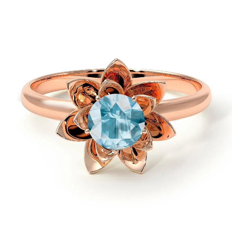 women's engagement rings with fancy cut diamond -Lotus Flower Solitaire Aquamarine Ring - Lotus no. 402