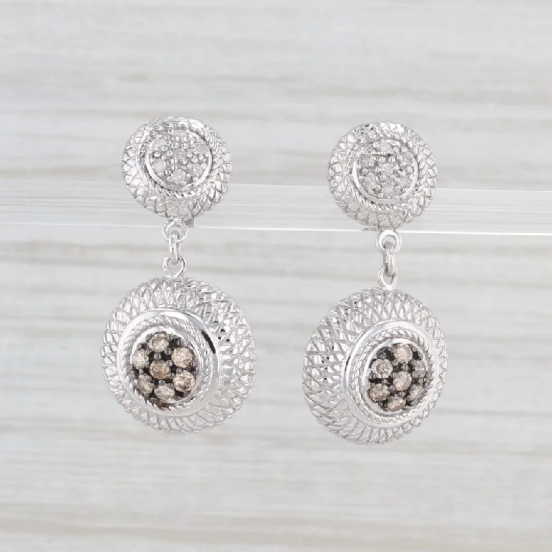 women's earrings with bezel-set stones -0.38ctw Champagne Brown White Diamond Dangle Earrings 10k White Gold