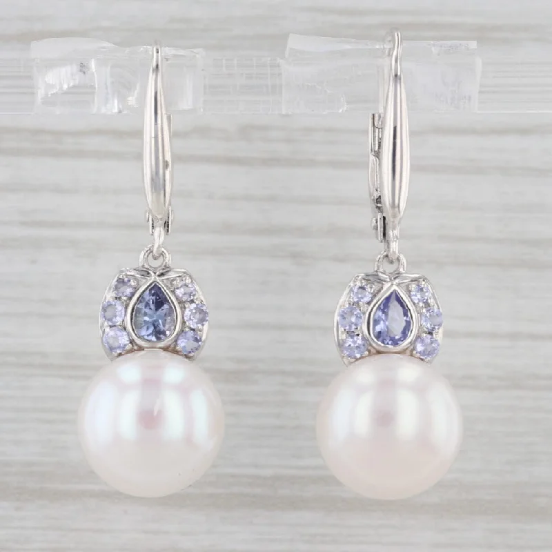 women's earrings with classic pearl studs -Cultured Pearl Tanzanite Dangle Earrings Sterling Silver Honora Lever Backs