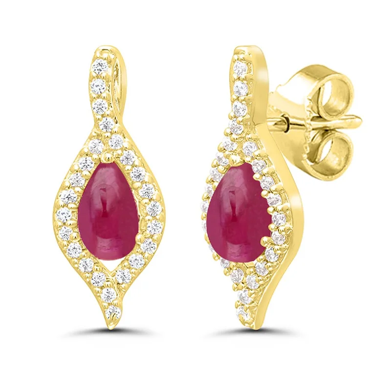 women's earrings with pearl accents -YELLOW GOLD STUD EARRINGS WITH PEAR SHAPED CABOCHON RUBIES AND SIDE DIAMONDS, .14 CT TW