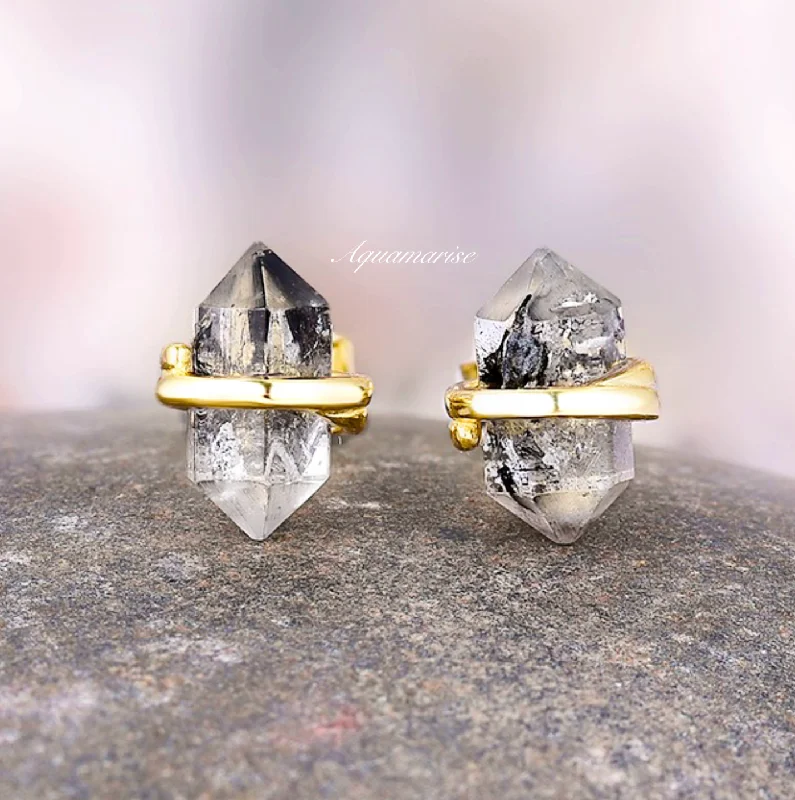 women's earrings with gold-plated finish -Galaxy Raw Salt & Pepper (Herkimer) Diamond Stud Earrings- 14K Yellow Gold Vermeil