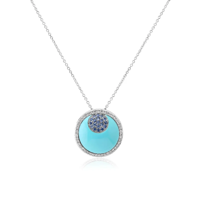 women's necklaces with diamond pendant -14k White Gold Diamond, Turquoise and Sapphire Necklace