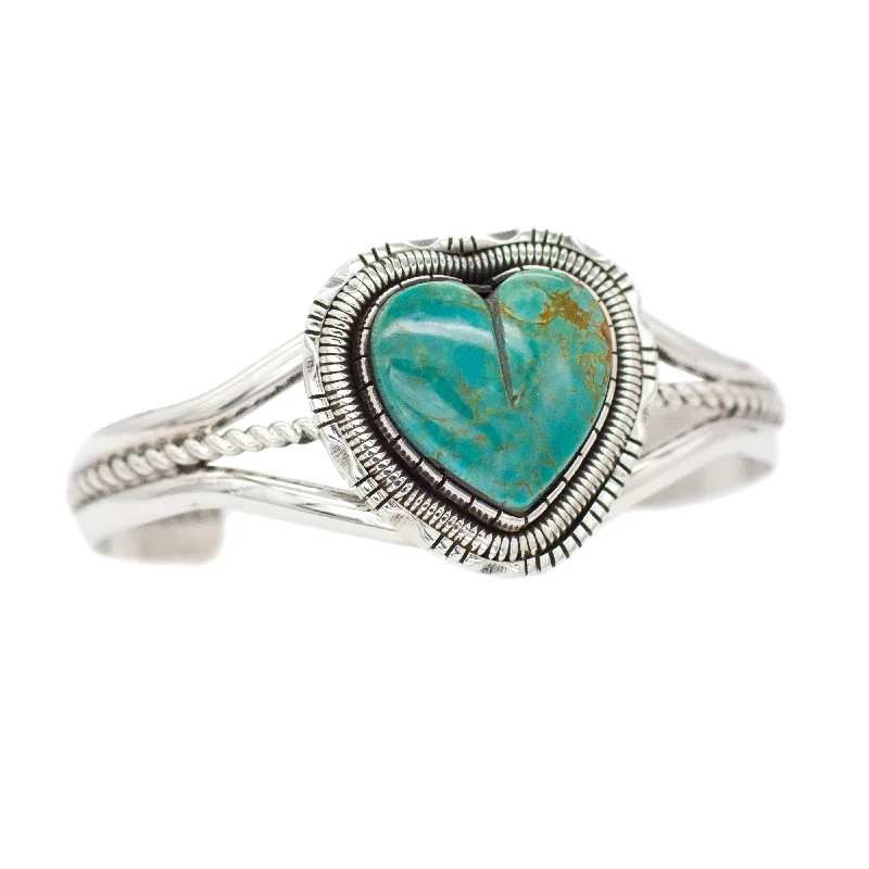 women's bracelets with sparkling zirconia -Walter Vandaver Navajo Handmade Sterling Silver Turquoise Heart Cuff Bracelet