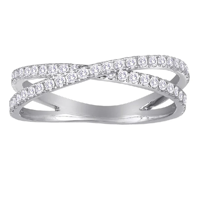 women's engagement rings with round-cut diamond -Diamond Crossover Band Ring Two Rows in 14K White Gold