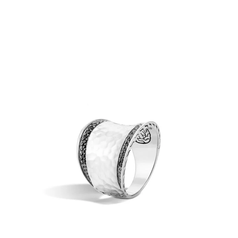 women's rings with chic design -John Hardy Hammered Saddle Ring with Black Sapphire and RBS72714BNBLS