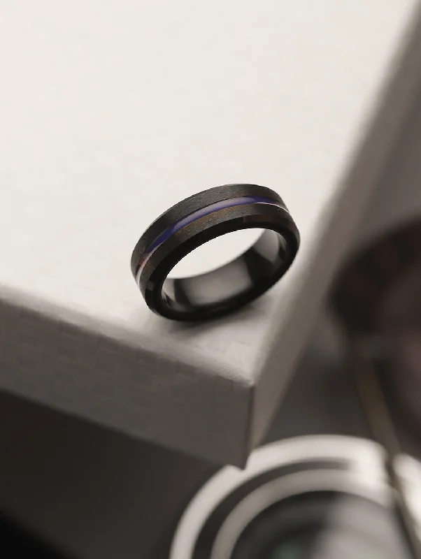 women's rings with stackable bands -Men Black Blue Grooved Centre Band Ring