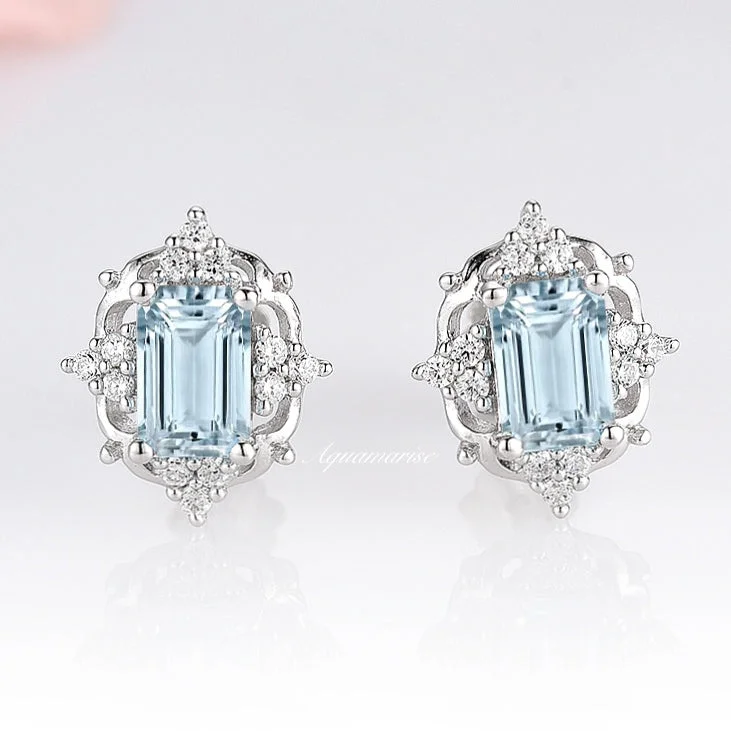 women's earrings with nature-inspired design -Claire Vintage Aquamarine Earrings- Sterling Silver