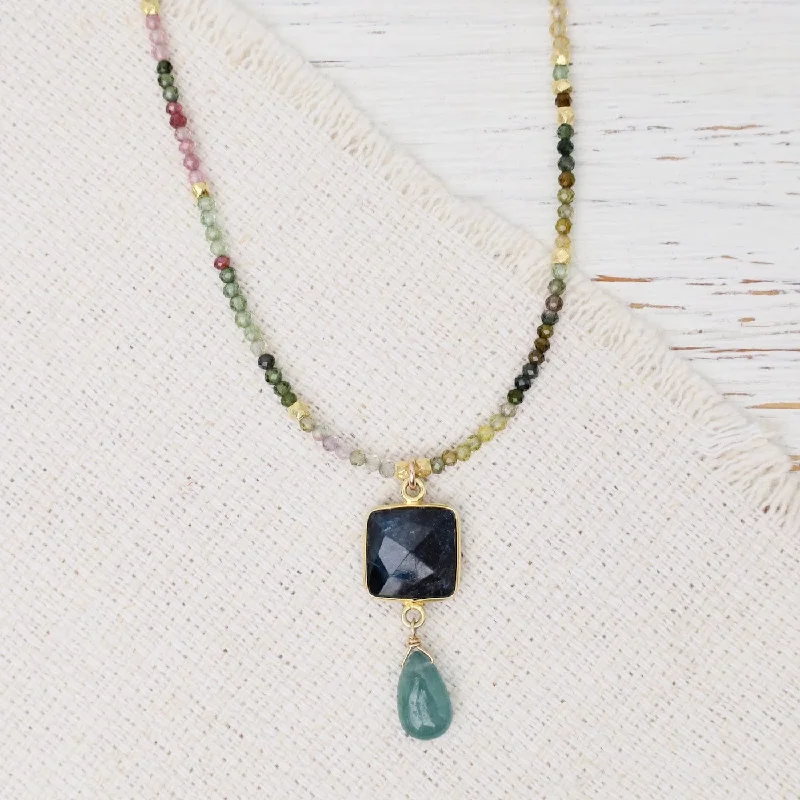 women's necklaces with diamond pendant -Square Indigo Kyanite, Grandidierite, Tourmaline Necklace