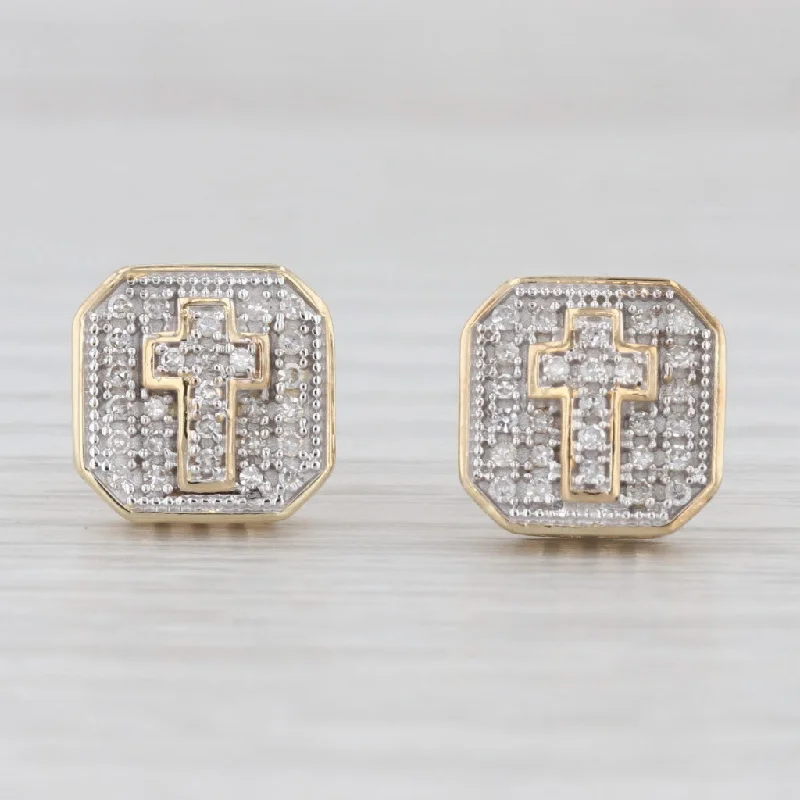 women's earrings with modern style -0.15ctw Pave Diamond Cross Stud Earrings 10k Yellow White Gold