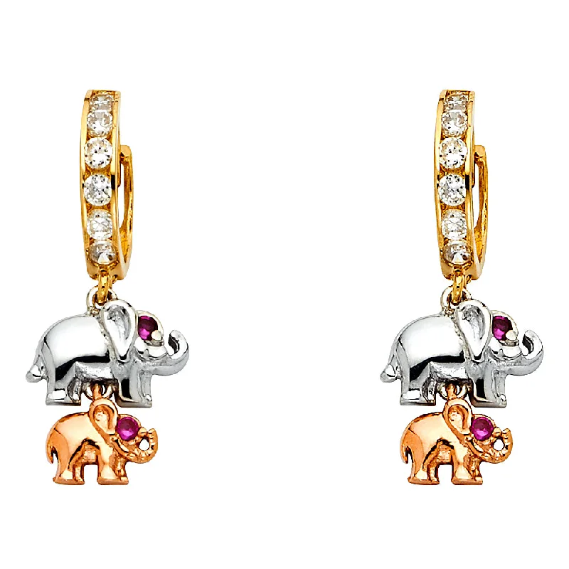 women's earrings with sparkling zirconia -14K Tri-Color Gold CZ Elephant Hanging Earrings