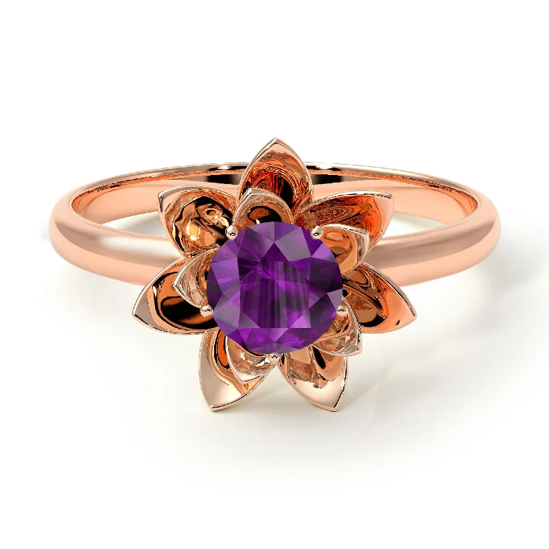 women's engagement rings with adjustable band -Lotus Flower Solitaire Amethyst Ring- Lotus no. 302