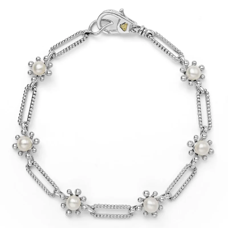 women's bracelets with stylish clasp -Luna Fleur Pearl Link Bracelet in Sterling Silver, 7in