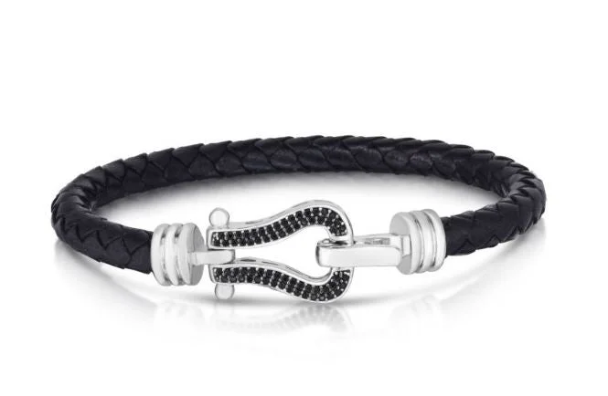 women's bracelets with fine chain -Sterling Silver Leather Black Diamond Buckle Bracelet