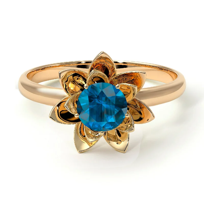 women's engagement rings with diamond pave -Lotus Flower Solitaire Blue Topaz Ring - Lotus no. 501