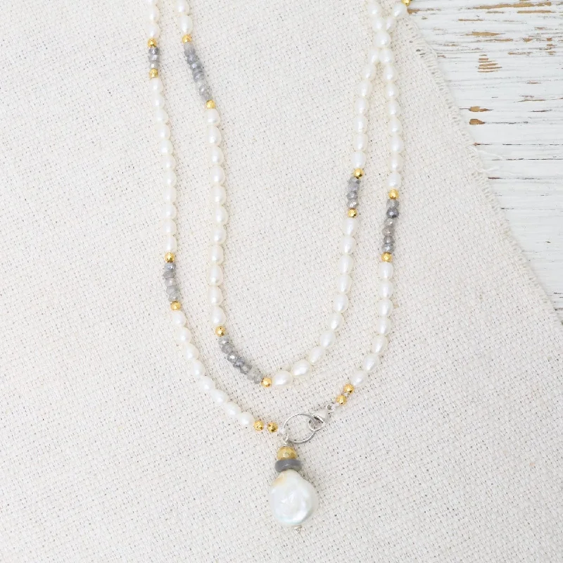 women's necklaces with statement charm -White Pearl and Labradorite Wrap Around Necklace