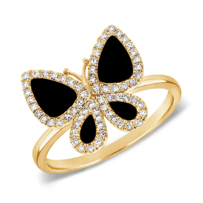 women's engagement rings with multi-stone design -Black Agate Butterfly Ring with Diamonds