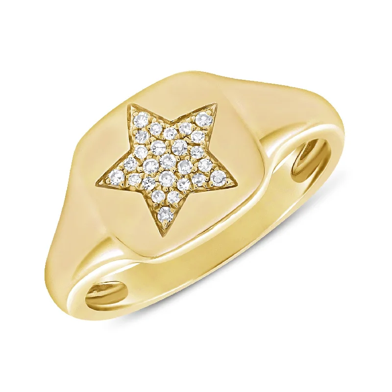 women's engagement rings with sapphire -Diamond Signet Pinky Ring set in 14kt Yellow Gold with Round Brilliant Diamonds with Star Design