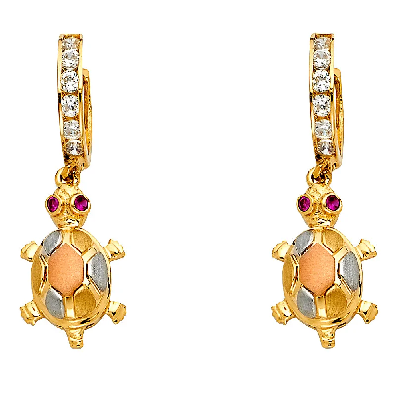 women's earrings with vintage hoop -14K Tri-Color Gold CZ Turtle Hanging Earrings