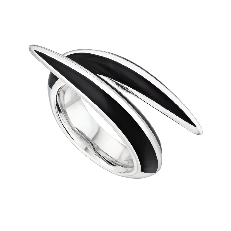 women's rings with cushion-cut diamond -Sabre Deco Crossover Ring - Silver & Black Ceramic