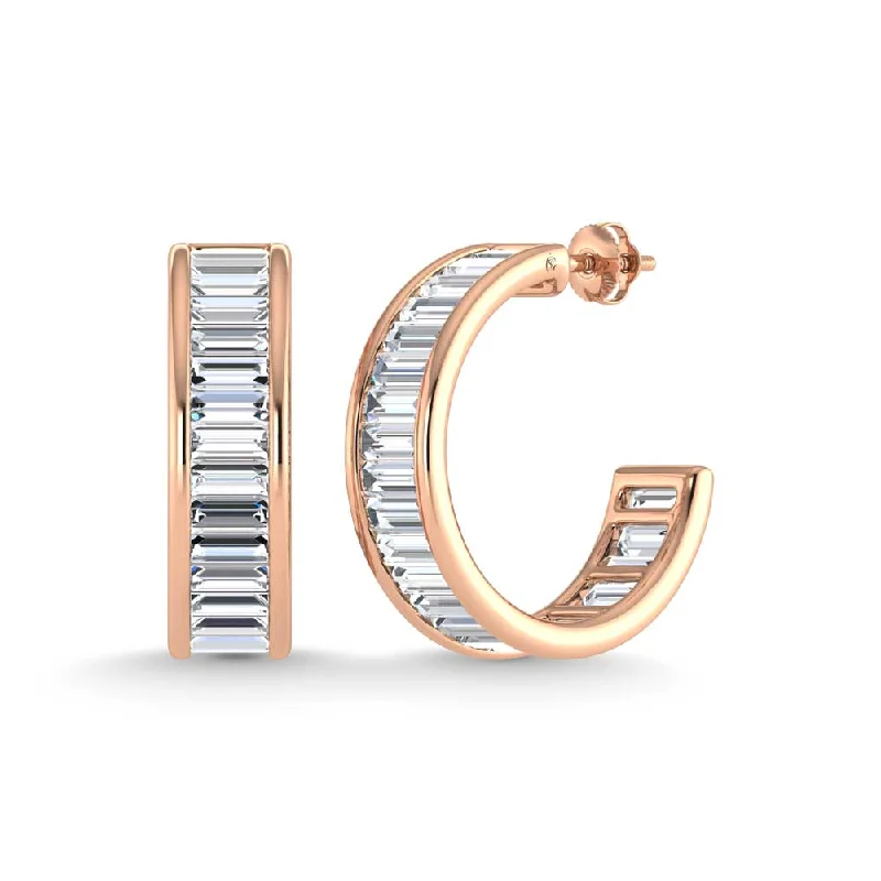 women's earrings with round stones -14K Rose Gold Lab Grown Diamond 6 Ct.Tw. Slim Baguette Hoop Earrings