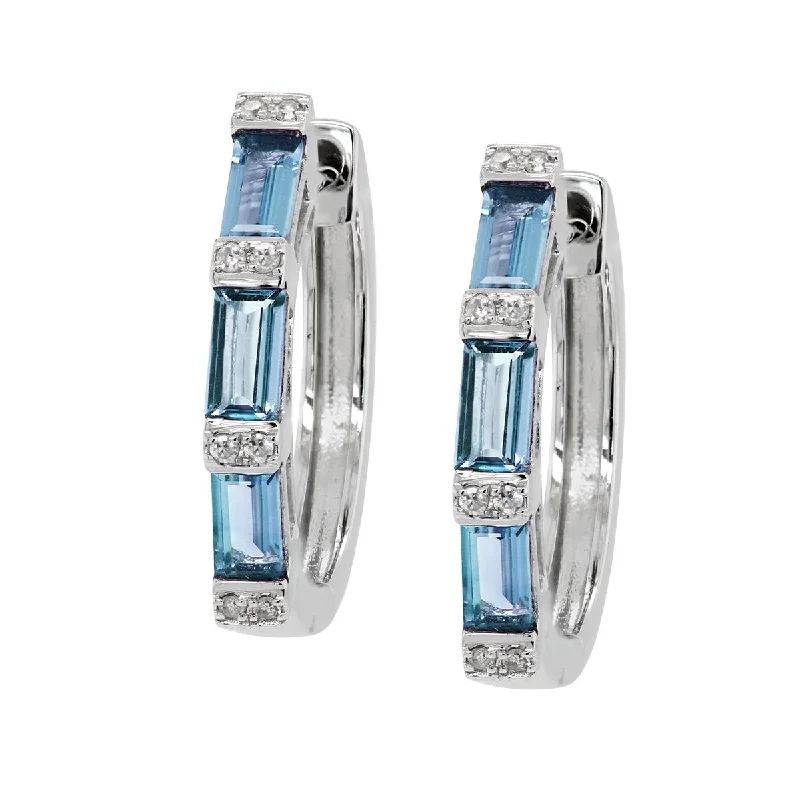 women's earrings with precious stones -WHITE GOLD HOOP EARRINGS WITH BAGUETTE BLUE TOPAZ AND ROUND DIAMONDS, .05 CT TW