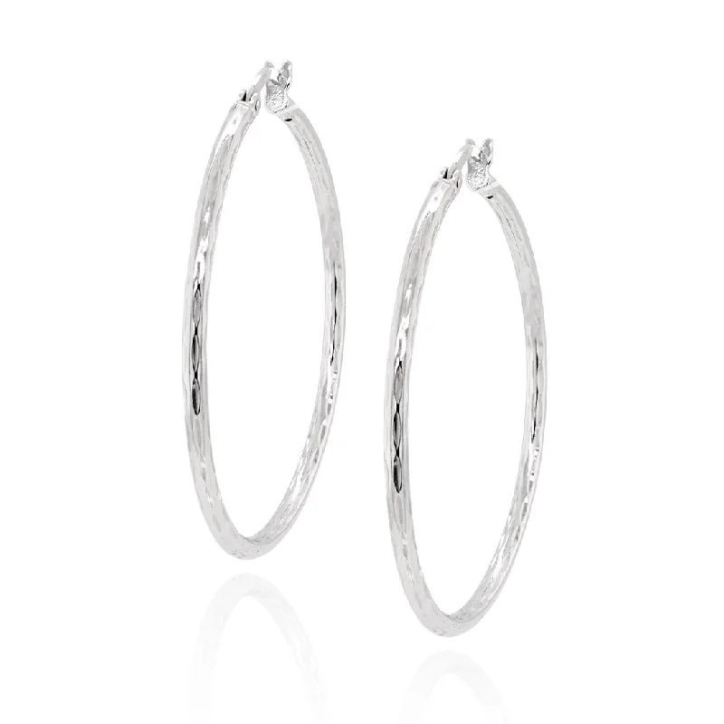 women's earrings with heart-shaped pearls -STERLING SILVER DIAMOND CUT HOOP EARRINGS, 50MM