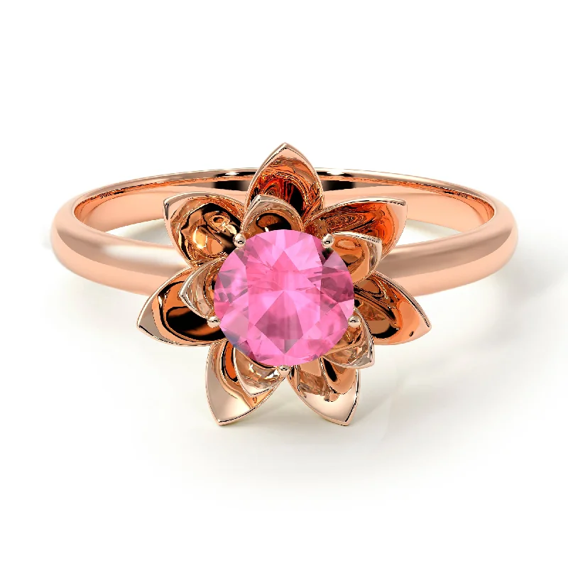 women's engagement rings with oval halo -Lotus Flower Solitaire Pink Moissanite Ring - Lotus no. 802