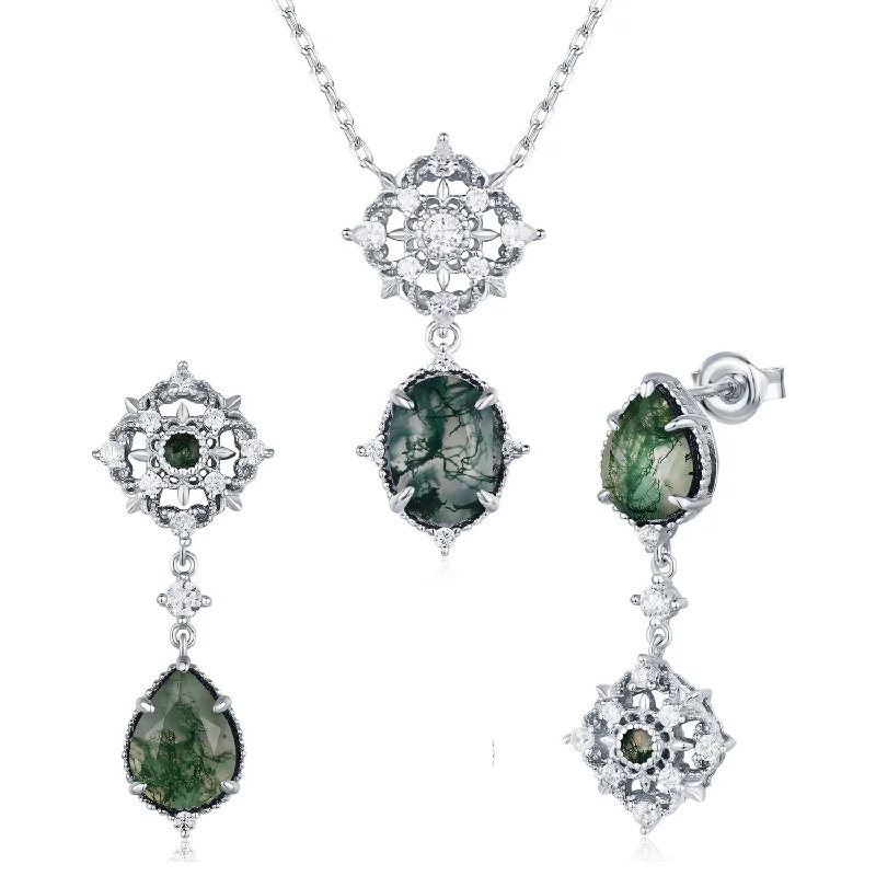 women's necklaces with crystal accents -Eternal Orbit Moss Agate Necklace and Earrings Set