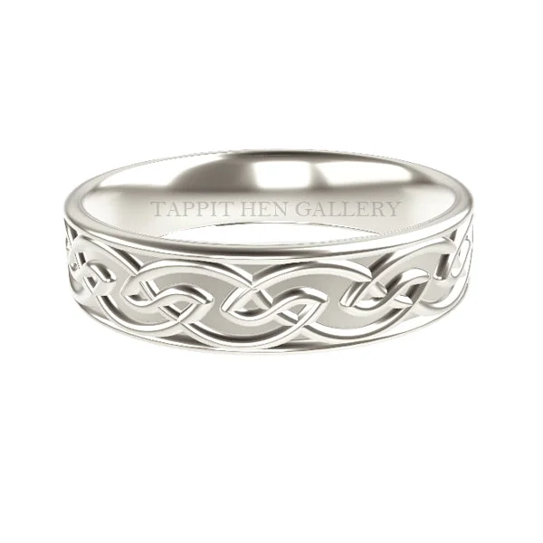 women's rings with halo design -5MM COMFY FIT EDINBURGH CELTIC KNOTWORK RING IN 9CT WHITE GOLD