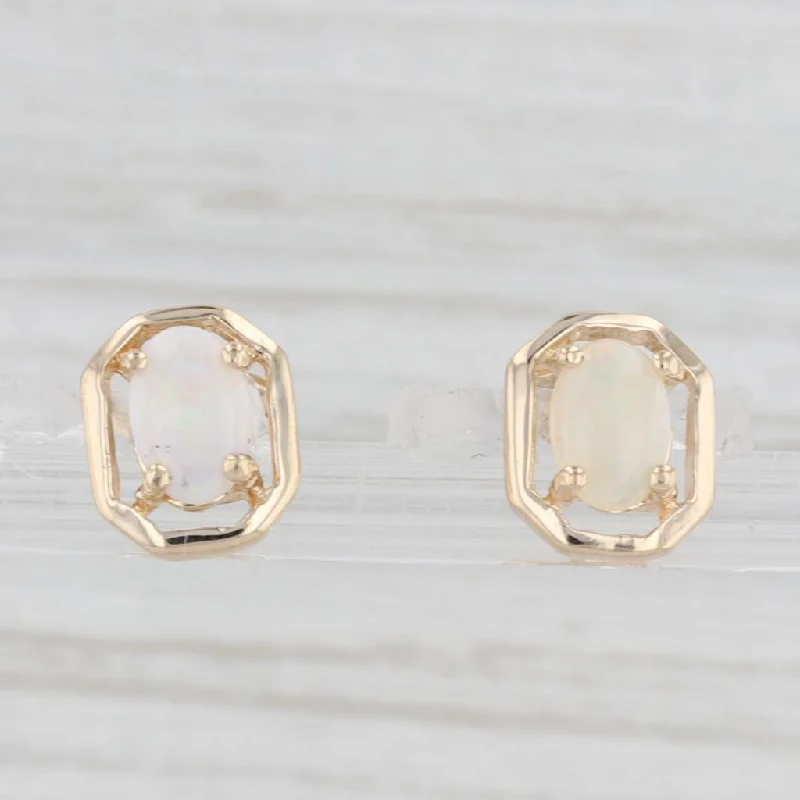 women's earrings gold -Opal Cabochon Stud Earrings 14k Yellow Gold Solitaire Studs