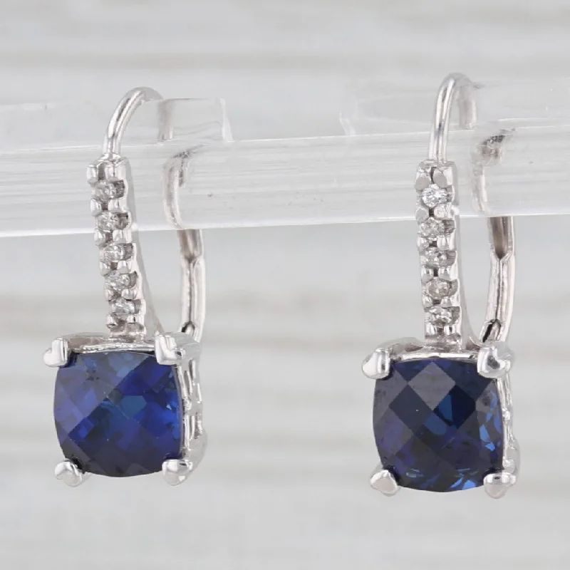 women's earrings with detailed engraving -Lab Created Blue Sapphire Diamond Drop Earrings 14k White Gold Lever Backs