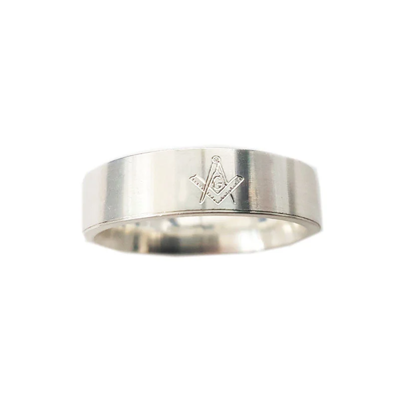 women's rings with double stone -Engraved Masonic Flat Band Ring in Silver