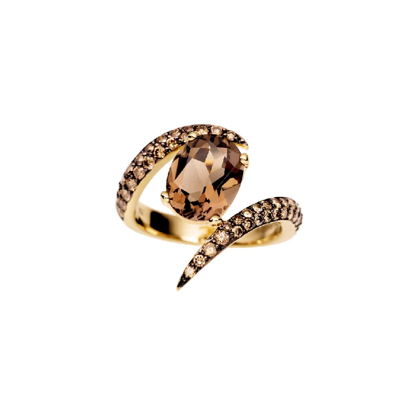 women's rings with luxury diamonds -Interlocking Aurora Ring - 18ct Yellow Gold & 2.18ct Smokey Quartz