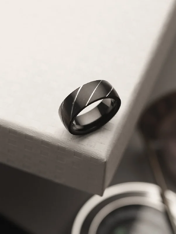 women's rings with custom design -Men Platinum-Striped Black Stainless Steelâ Finger Ring