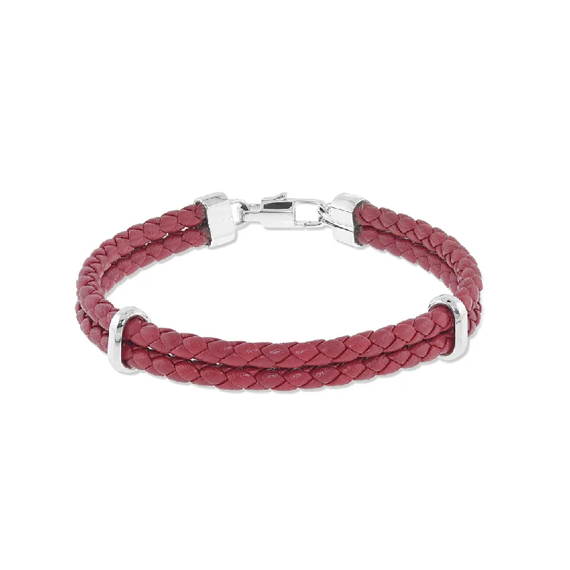 women's bracelets with gold chain -Men's Double Braided Leather Bracelet, Red