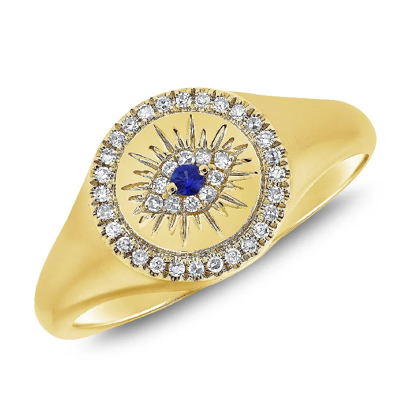 women's engagement rings with round-cut diamond -Evil Eye Pinky Ring with Sapphires and Diamonds