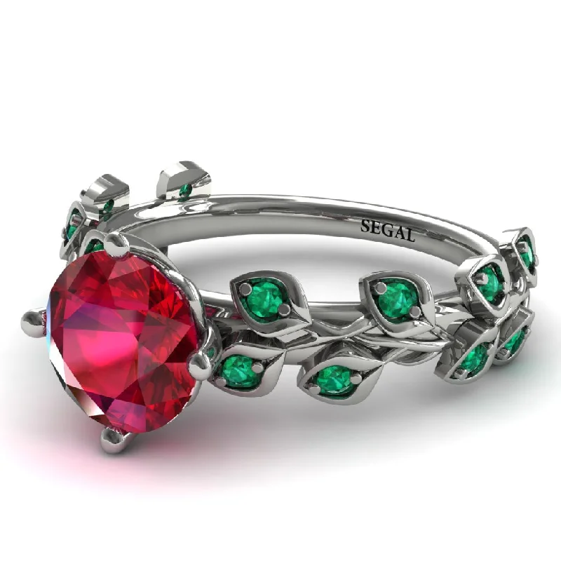 women's engagement rings with diamond side stones -Leaves All Around White Gold Ruby Ring - Sydney 2ct No. 27