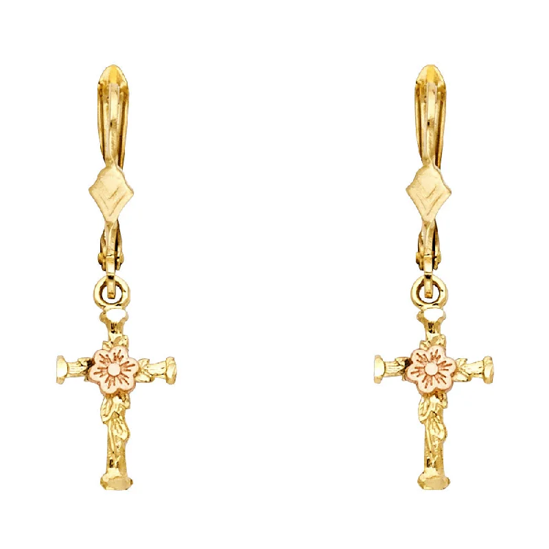 women's earrings with diamond accents -14K 2T Hanging Cross Earrings